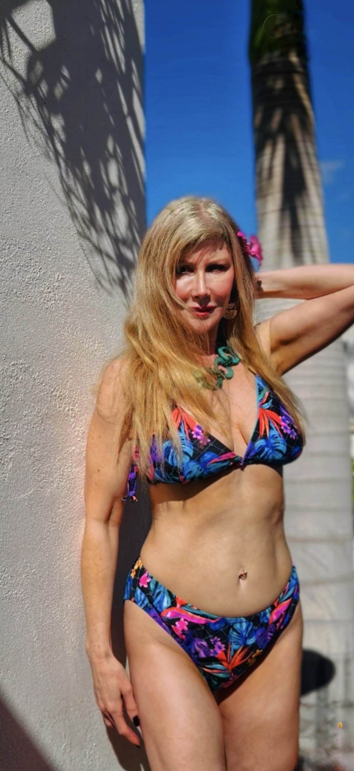 Francesca in a blue patterned bikini